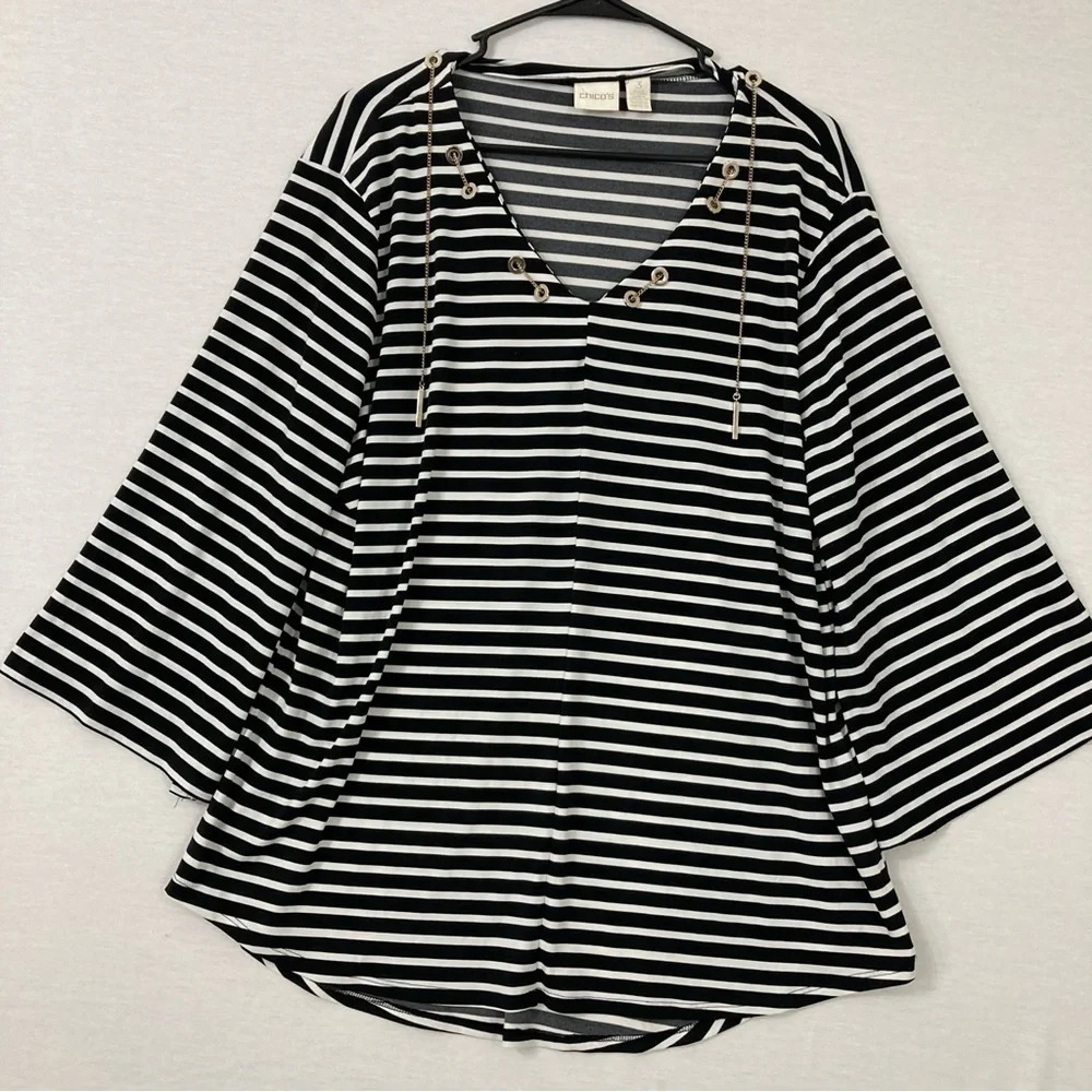 Chico's Striped Soft Stretch‎ Grommet Detail Wide Sleeve Blouse size XL 3